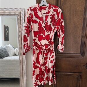 Anthropologie Red and Cream Floral Long Sleeve Dress